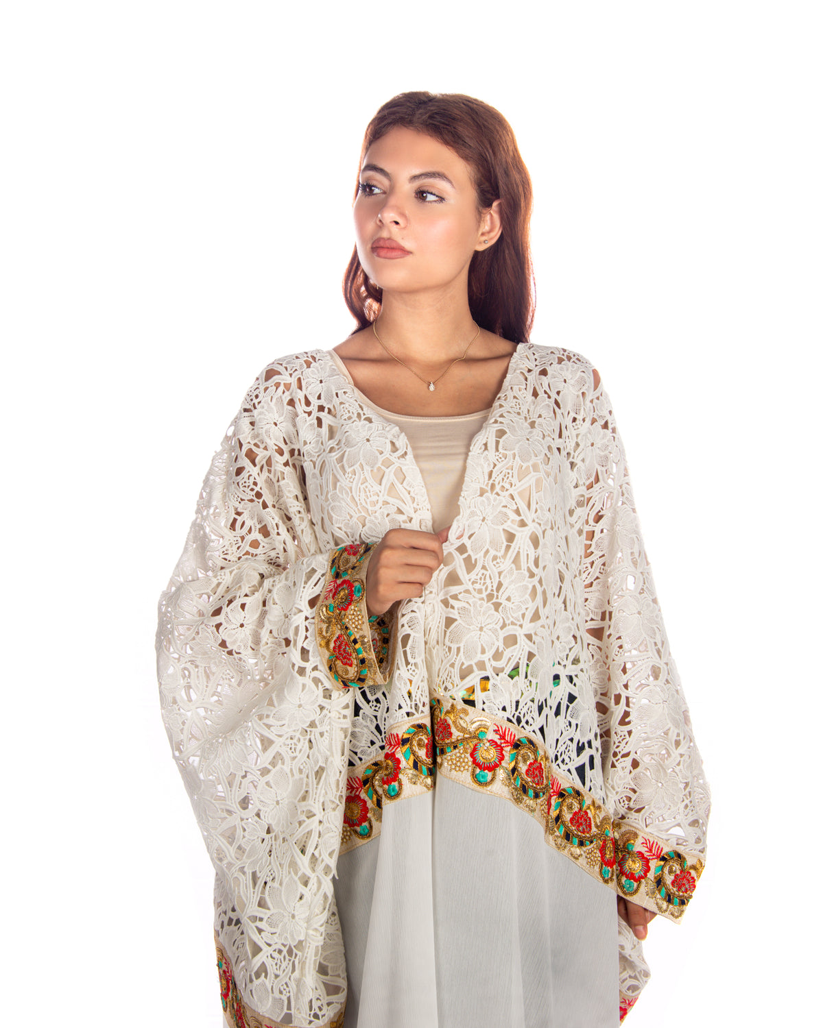 White Dantel Shifon Bisht With Colorful Embroidery