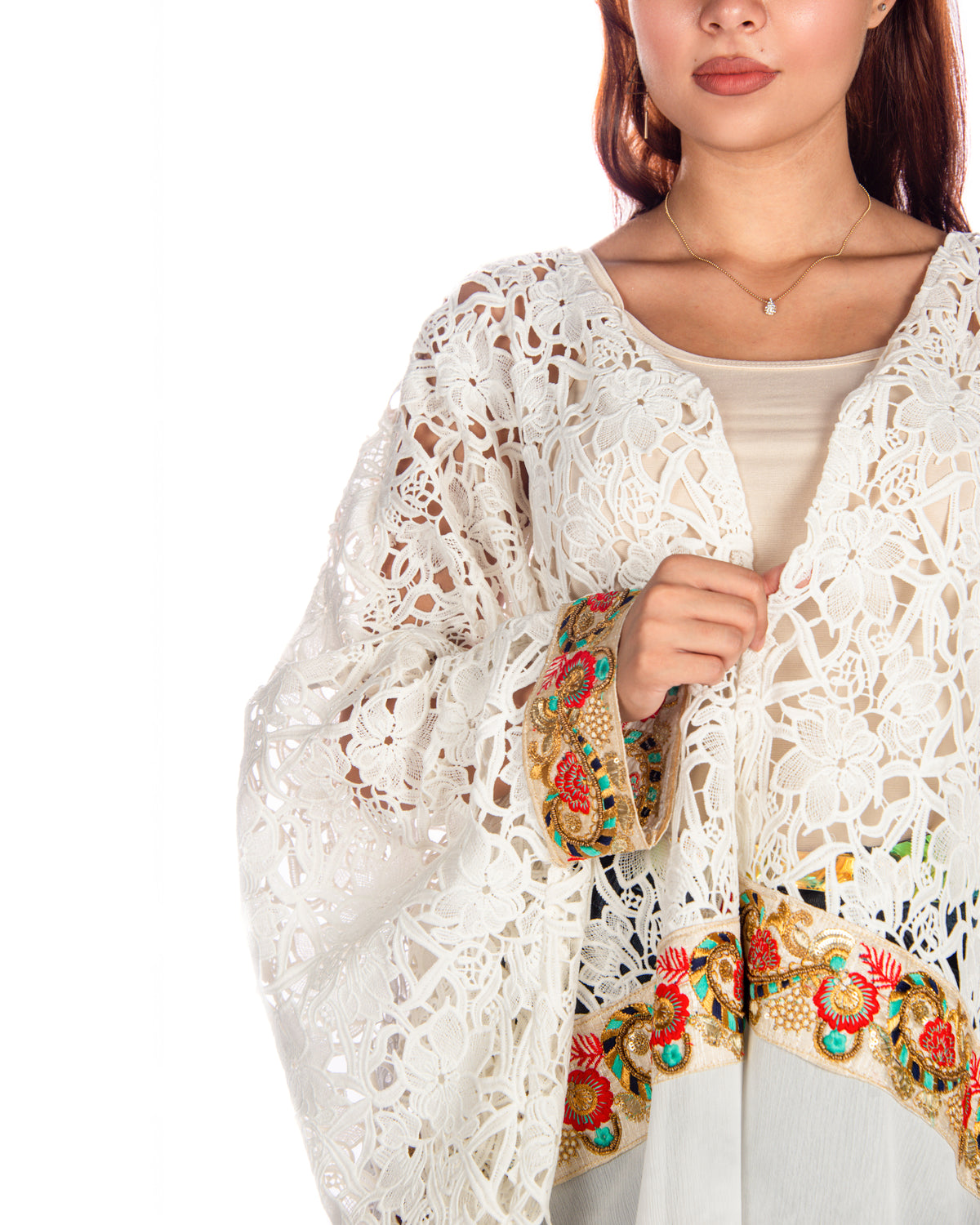 White Dantel Shifon Bisht With Colorful Embroidery