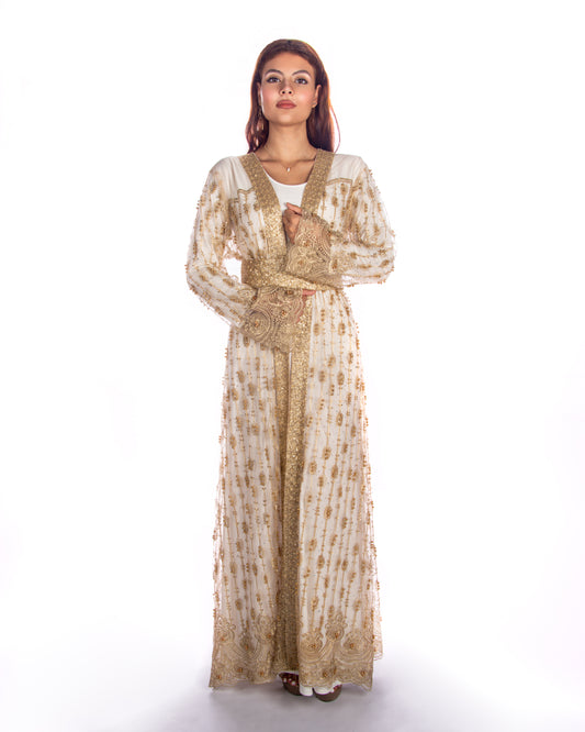 Golden embroidered kaftan with sequence lace