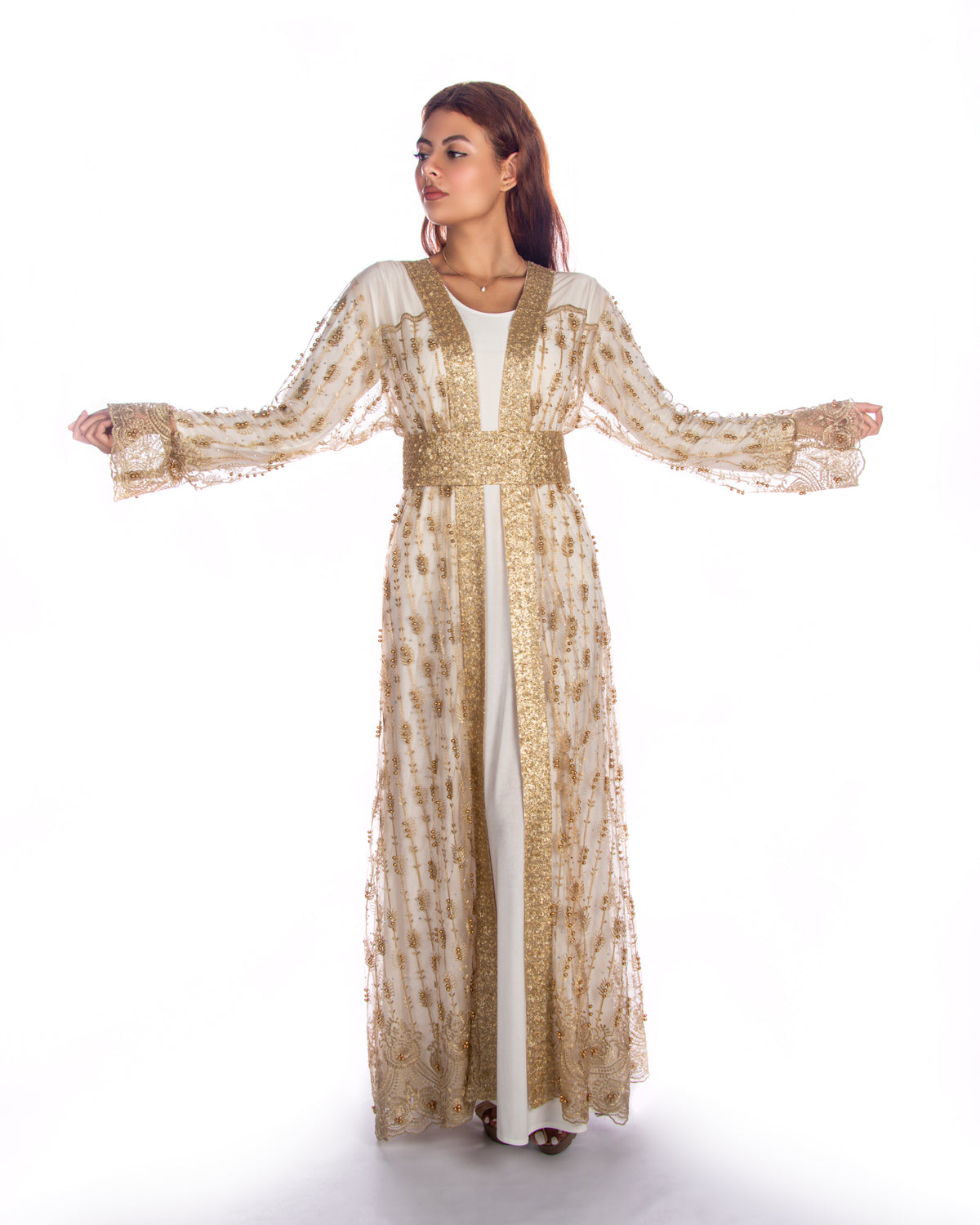 Golden Embroidered Kaftan With Sequence Lace
