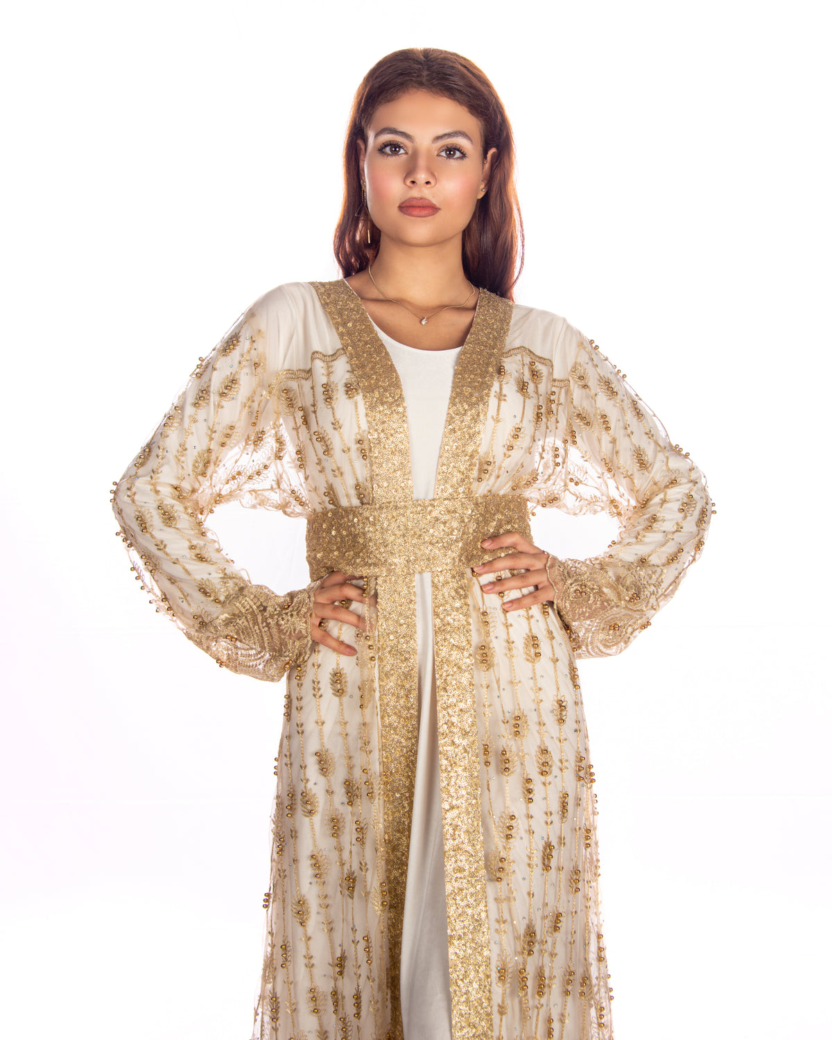 Golden Embroidered Kaftan With Sequence Lace