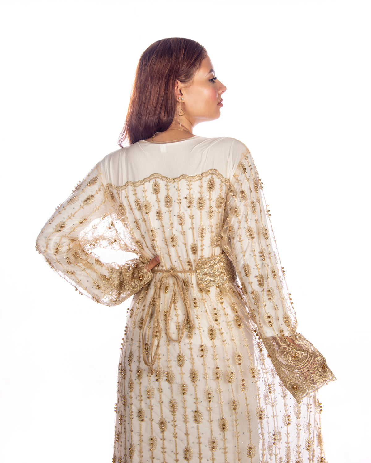 Golden Embroidered Kaftan With Sequence Lace