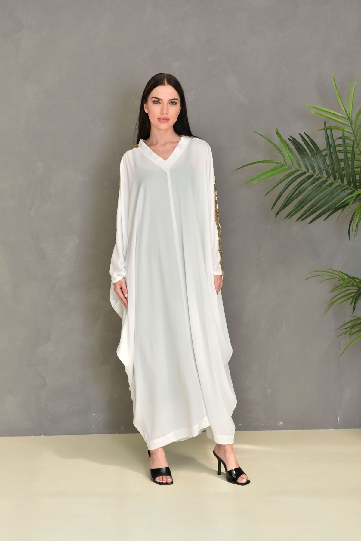 Off White Embroidered Kaftan Dress