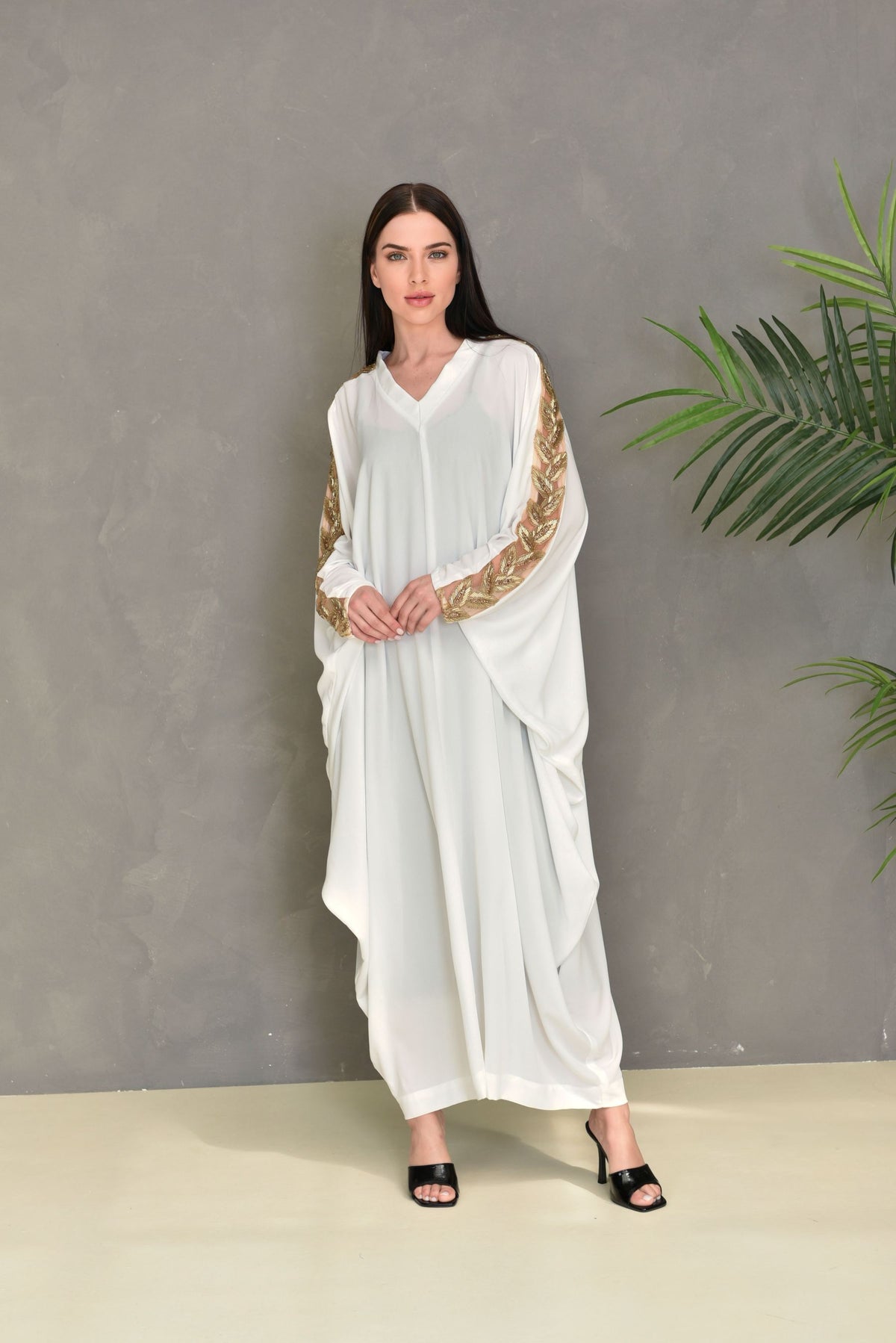 Off White Embroidered Kaftan Dress