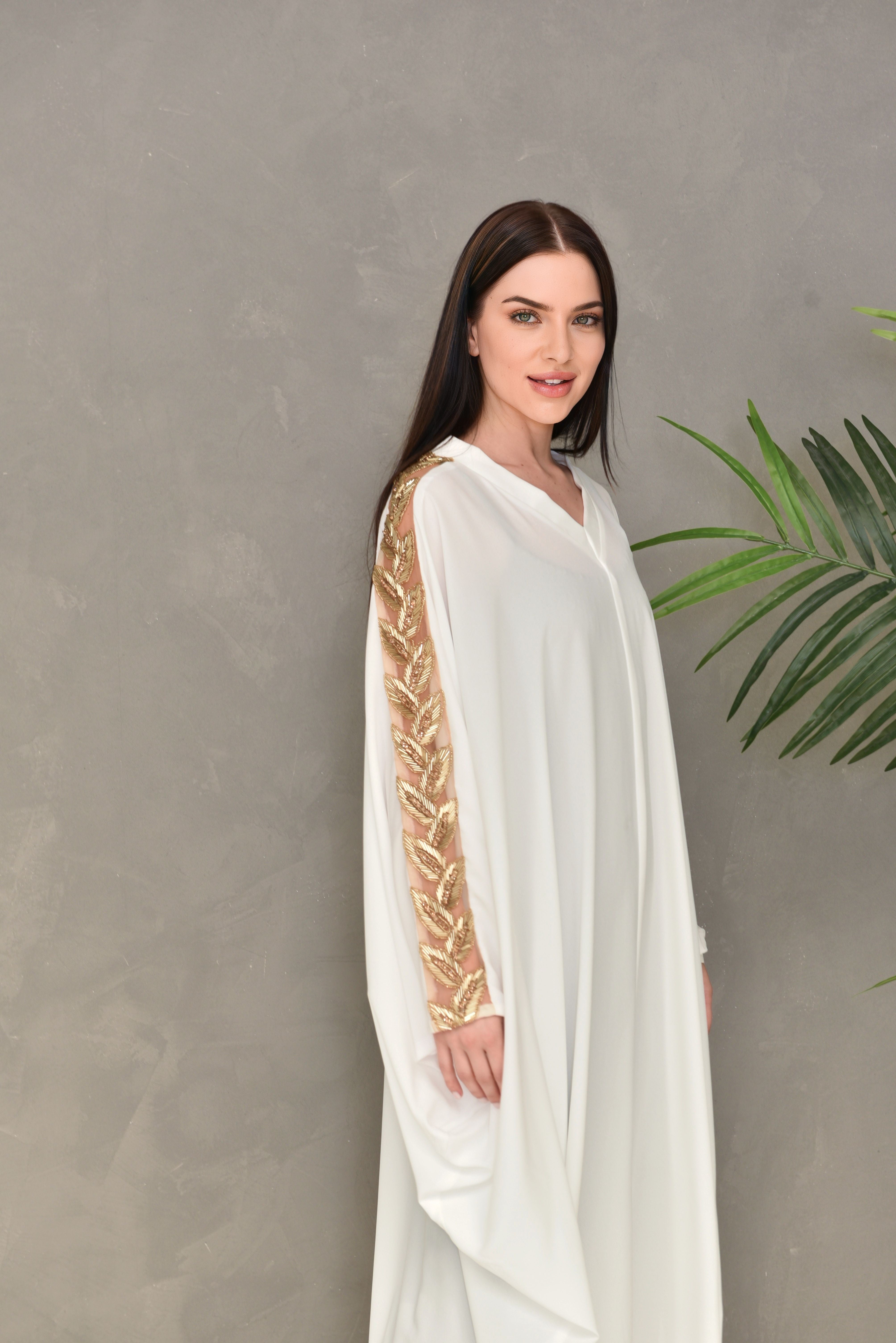 Off White Embroidered Kaftan Dress