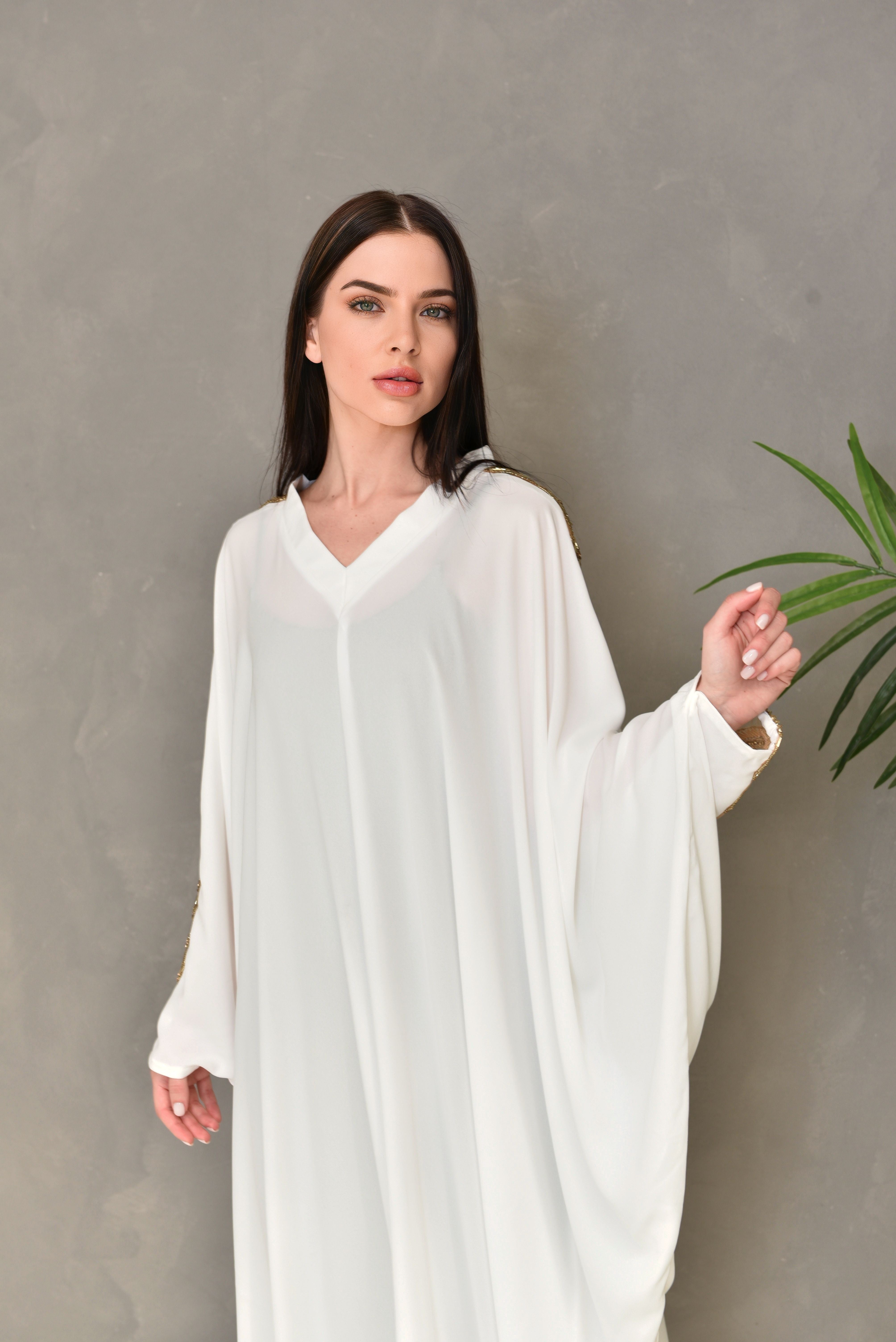 Off White Embroidered Kaftan Dress
