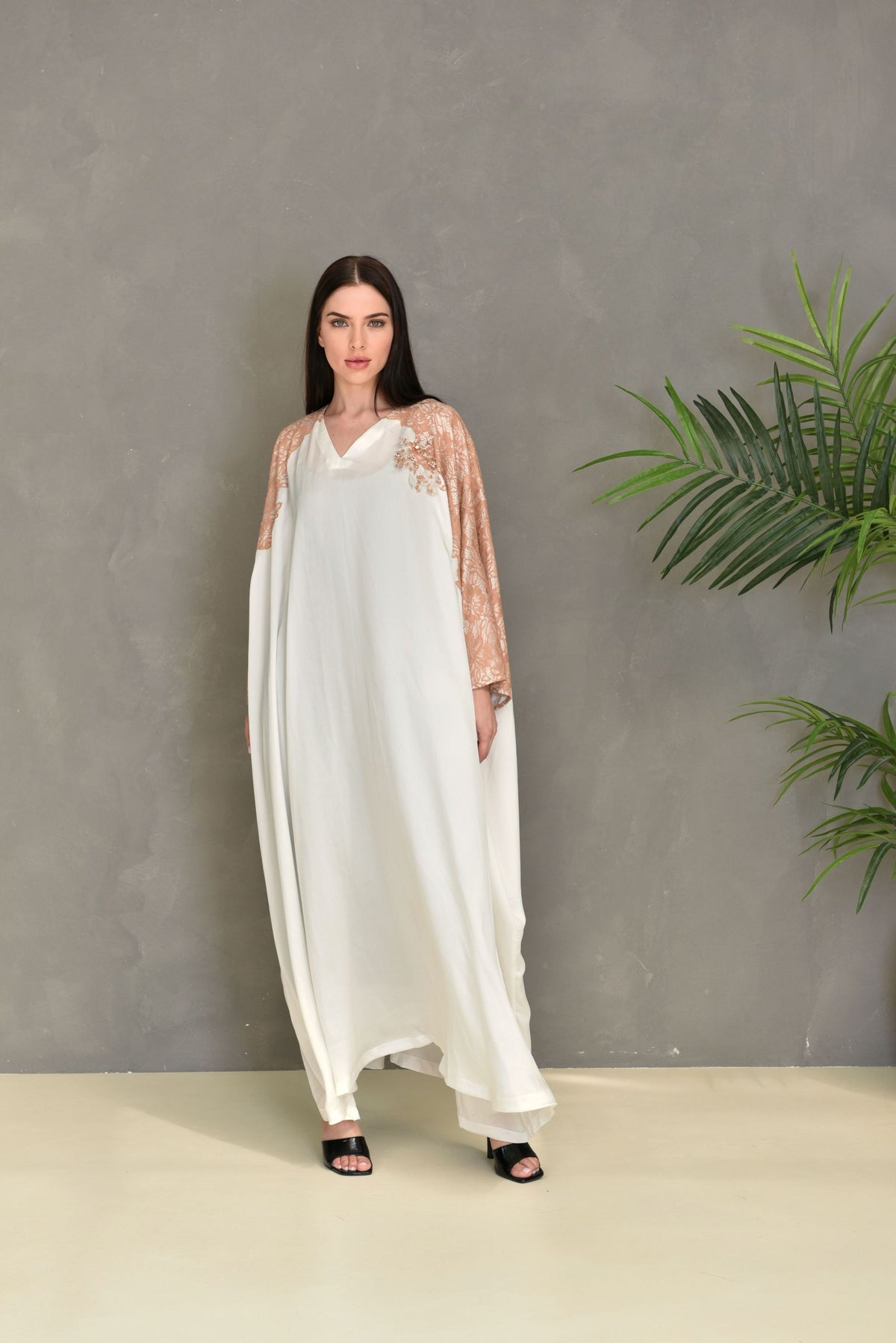 Off White Crepe Georgette Kaftan Dress With Dantel