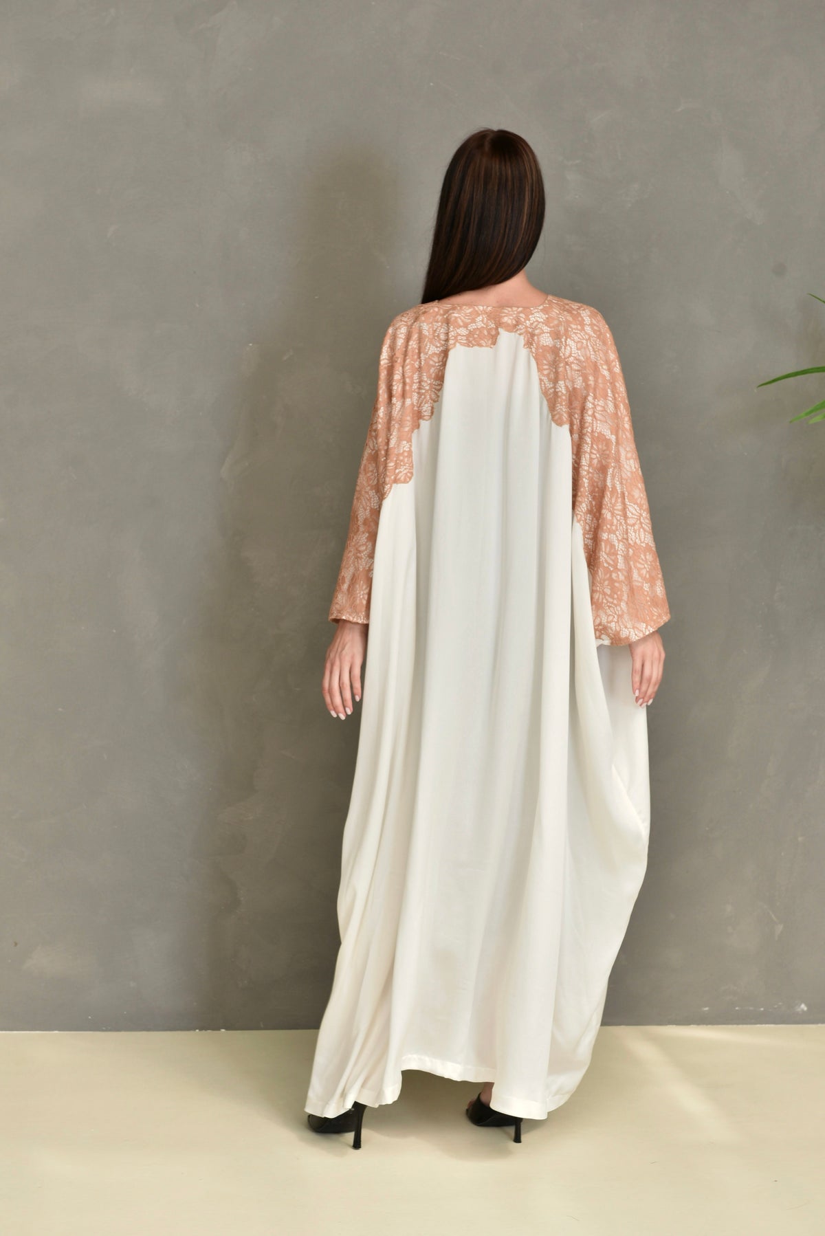 Off White Crepe Georgette Kaftan Dress With Dantel