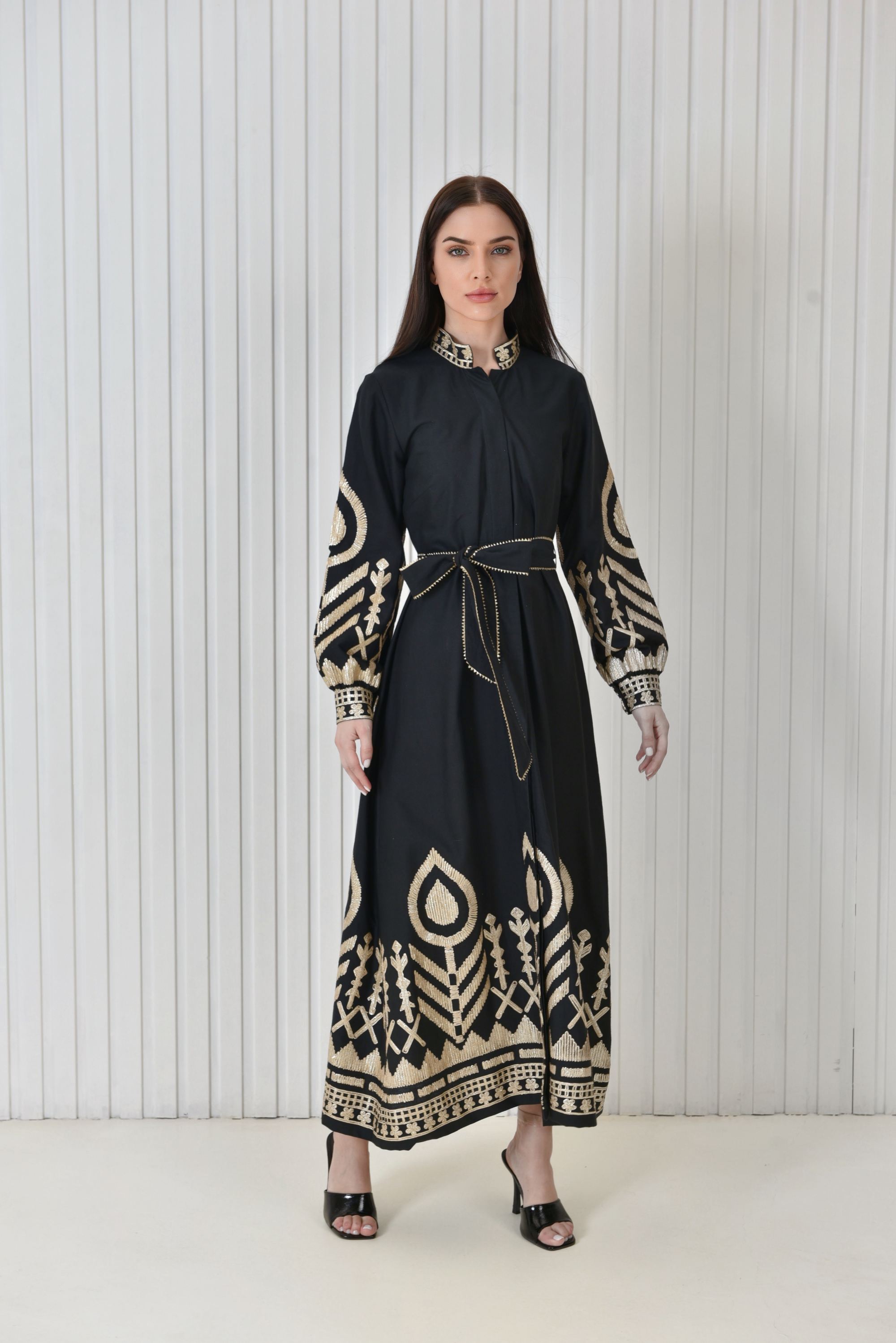 Linen Dress With Golden Embroidery