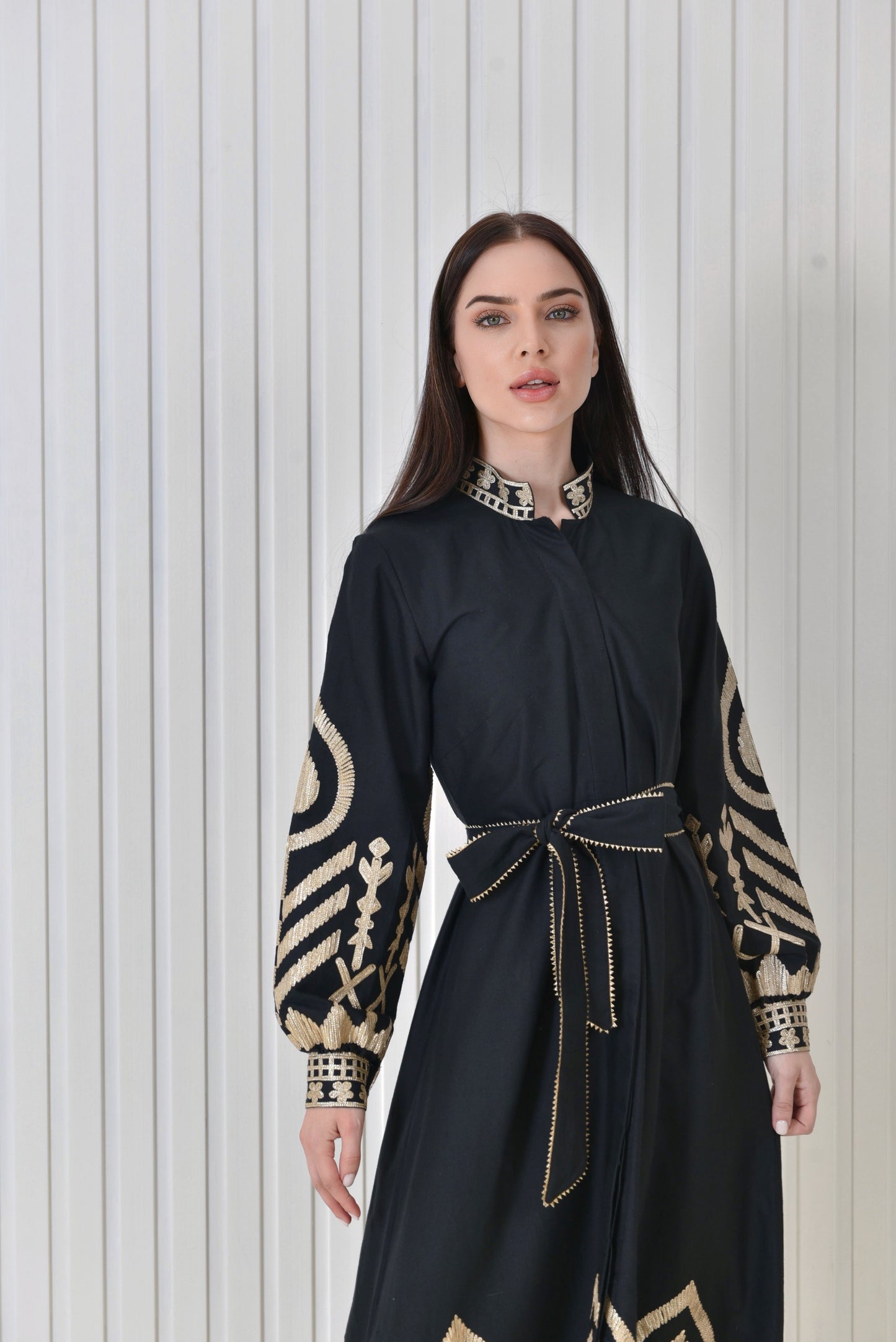 Linen dress with golden embroidery