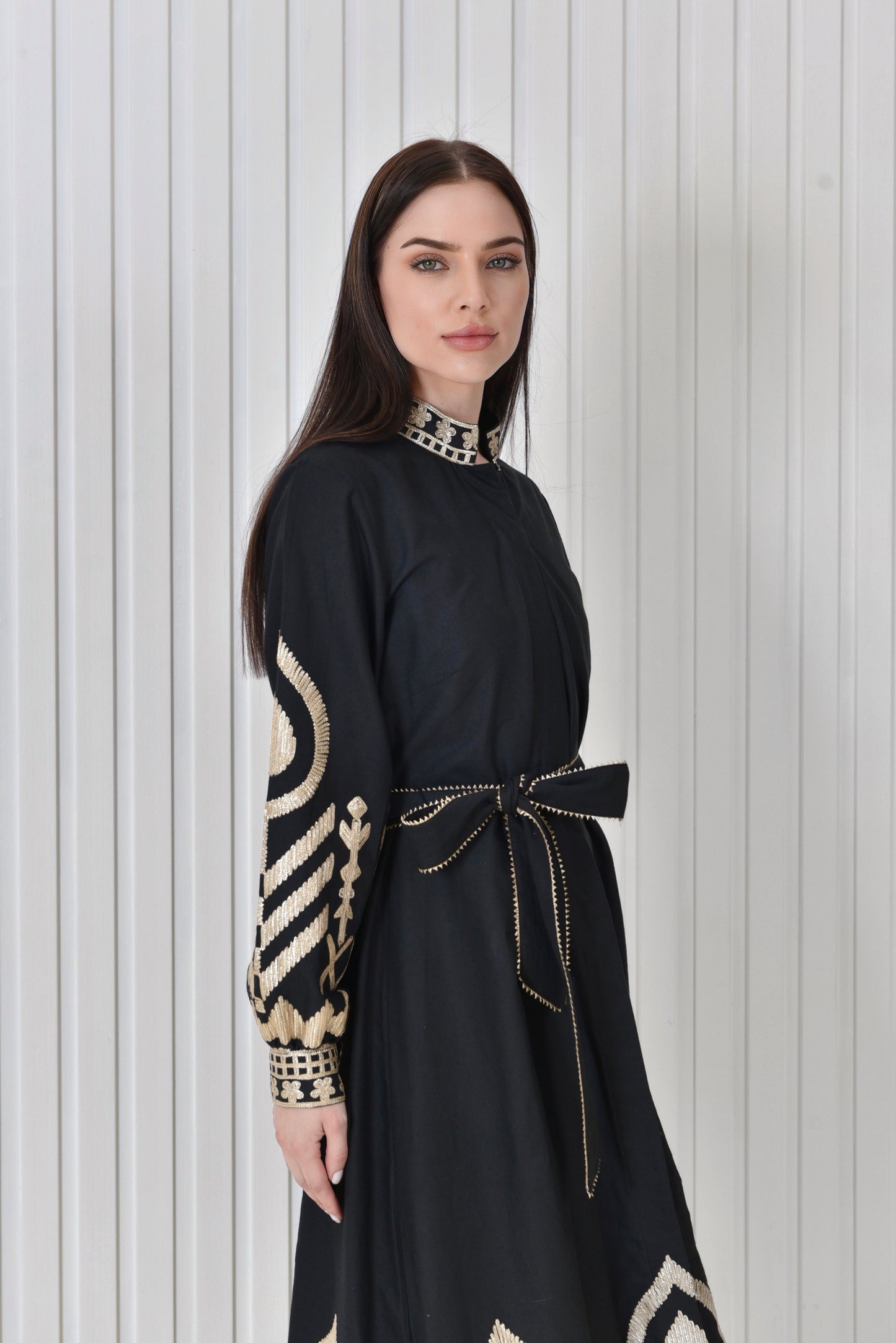 Linen dress with golden embroidery