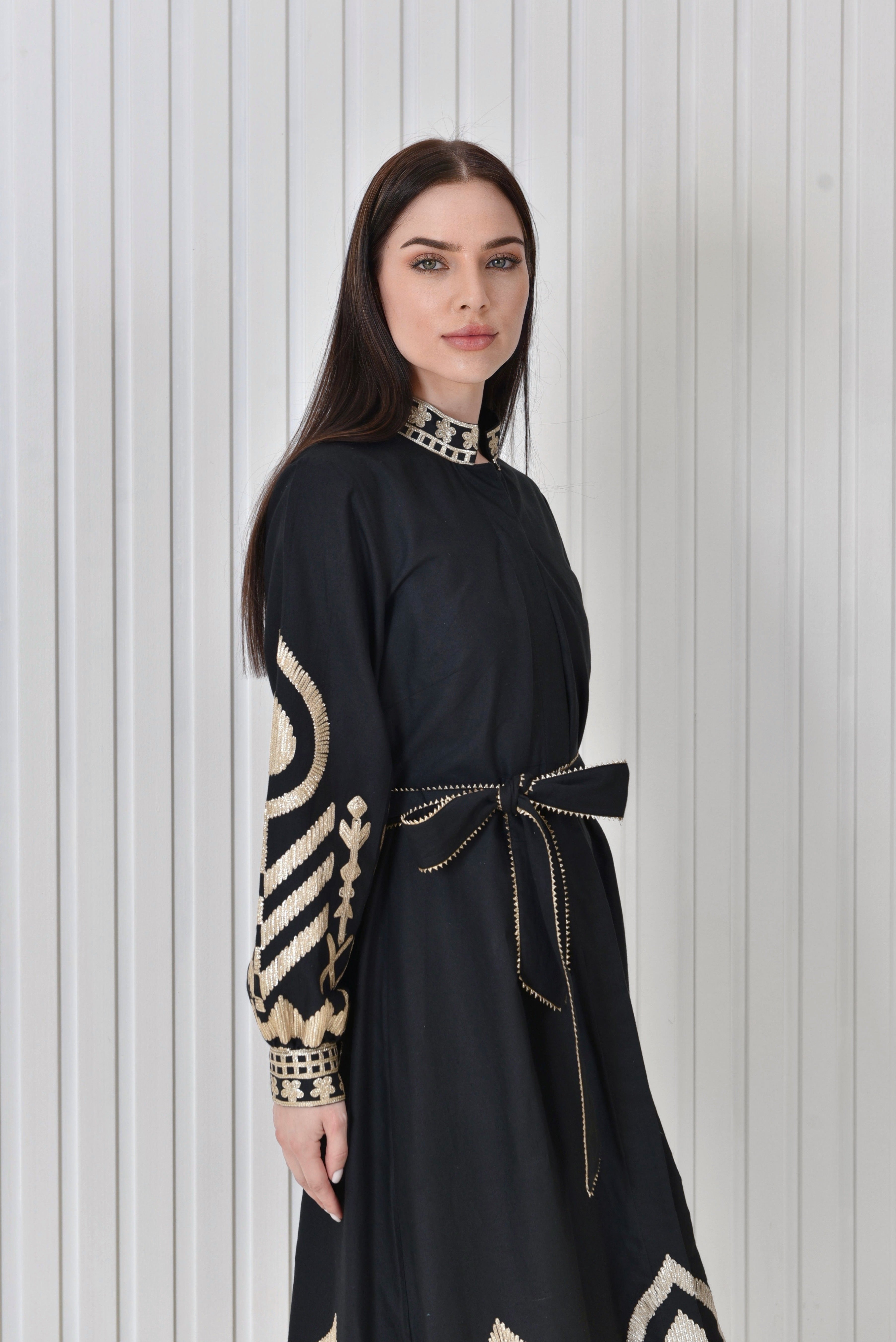 Linen Dress With Golden Embroidery