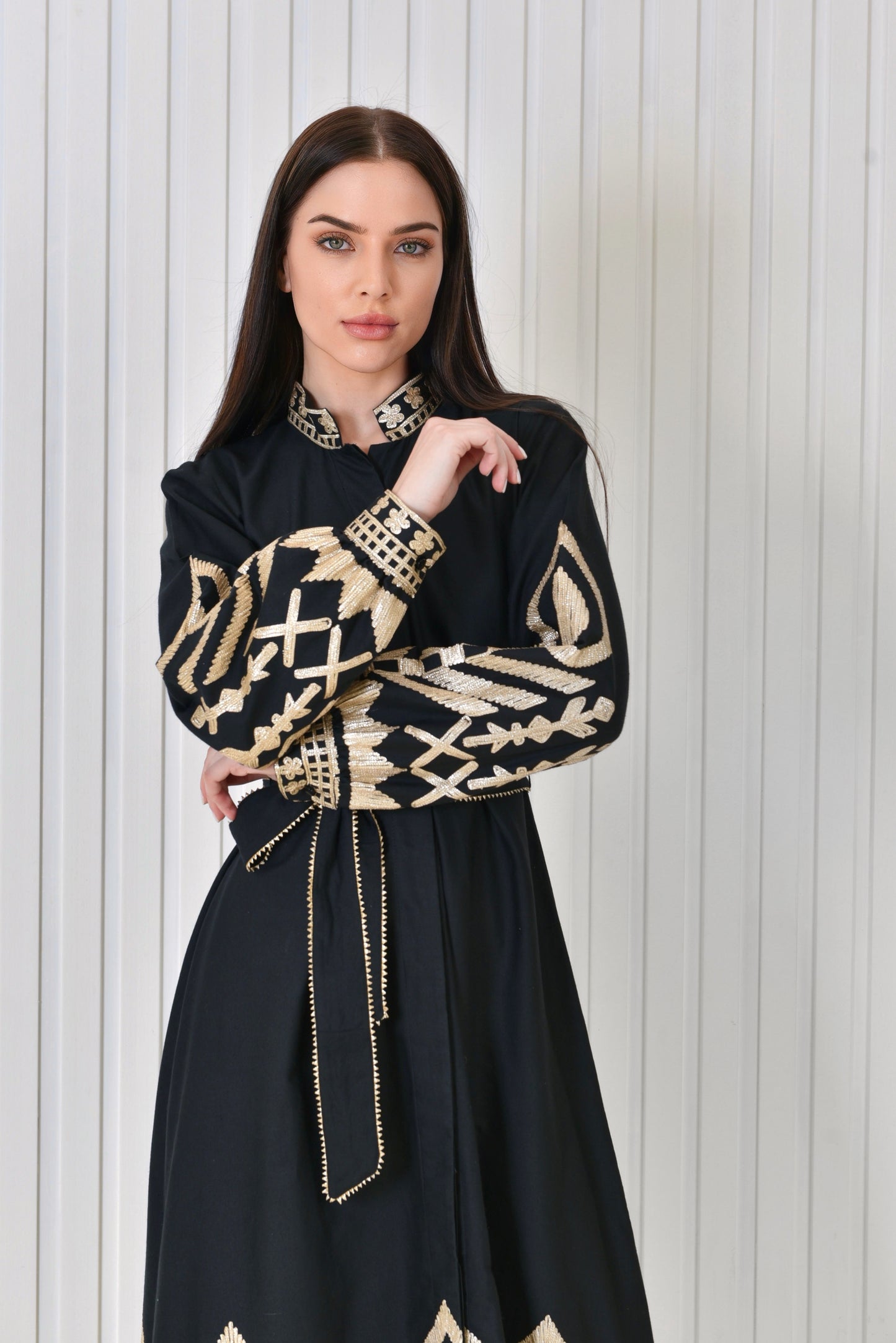 Linen dress with golden embroidery