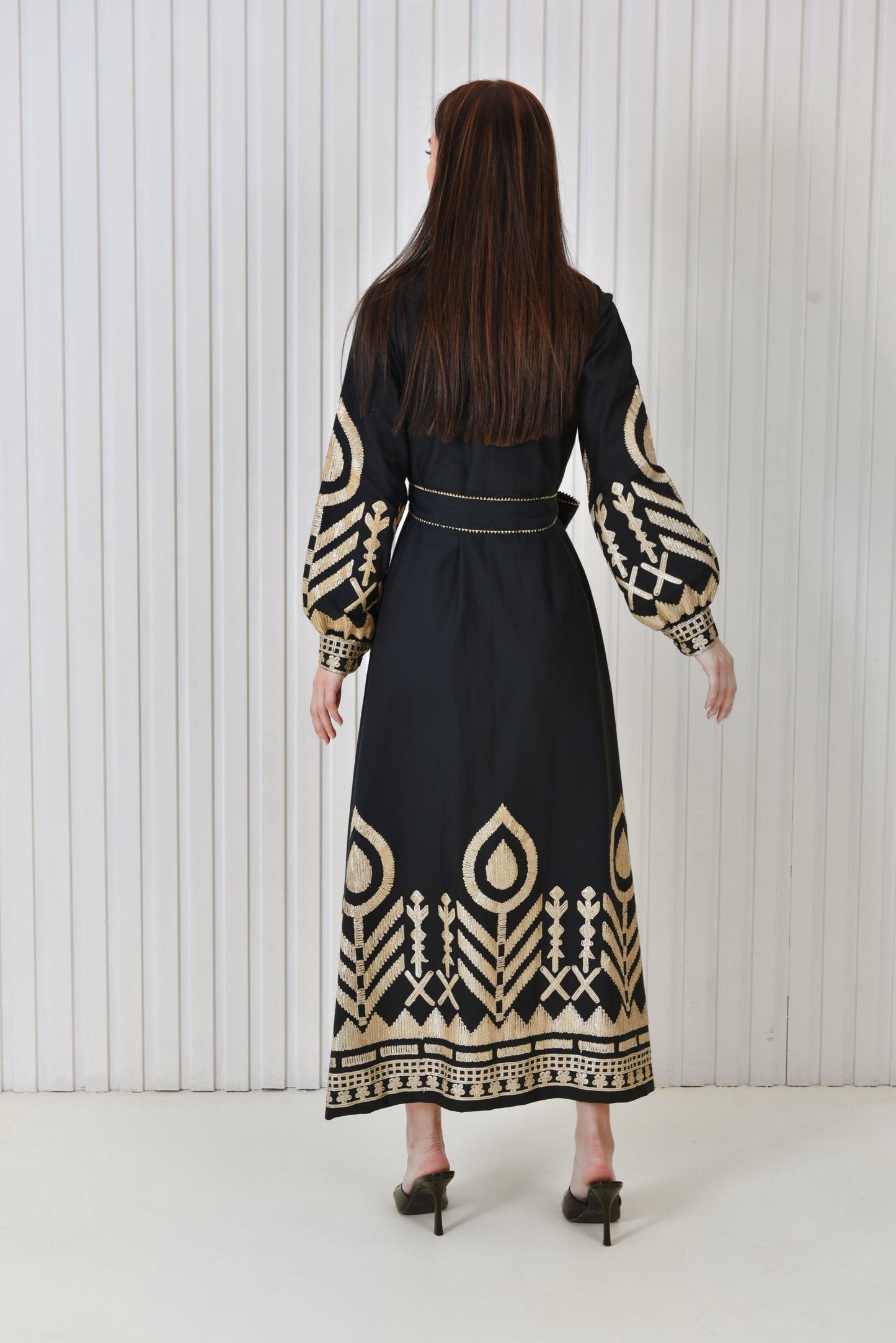Linen dress with golden embroidery