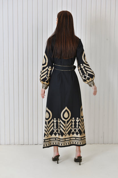 Linen dress with golden embroidery