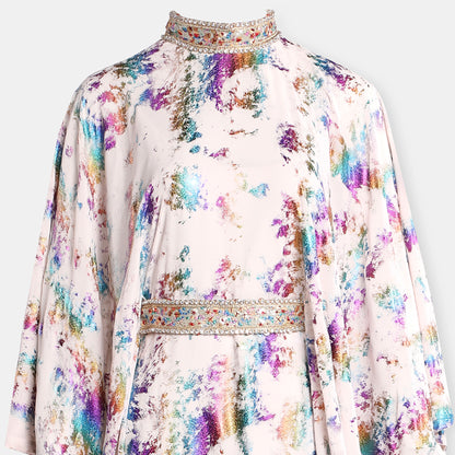 Colorful metalic kaftan with high neckline and belt