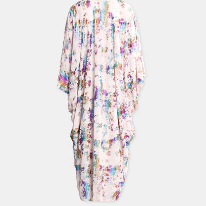 Colorful metalic kaftan with high neckline and belt