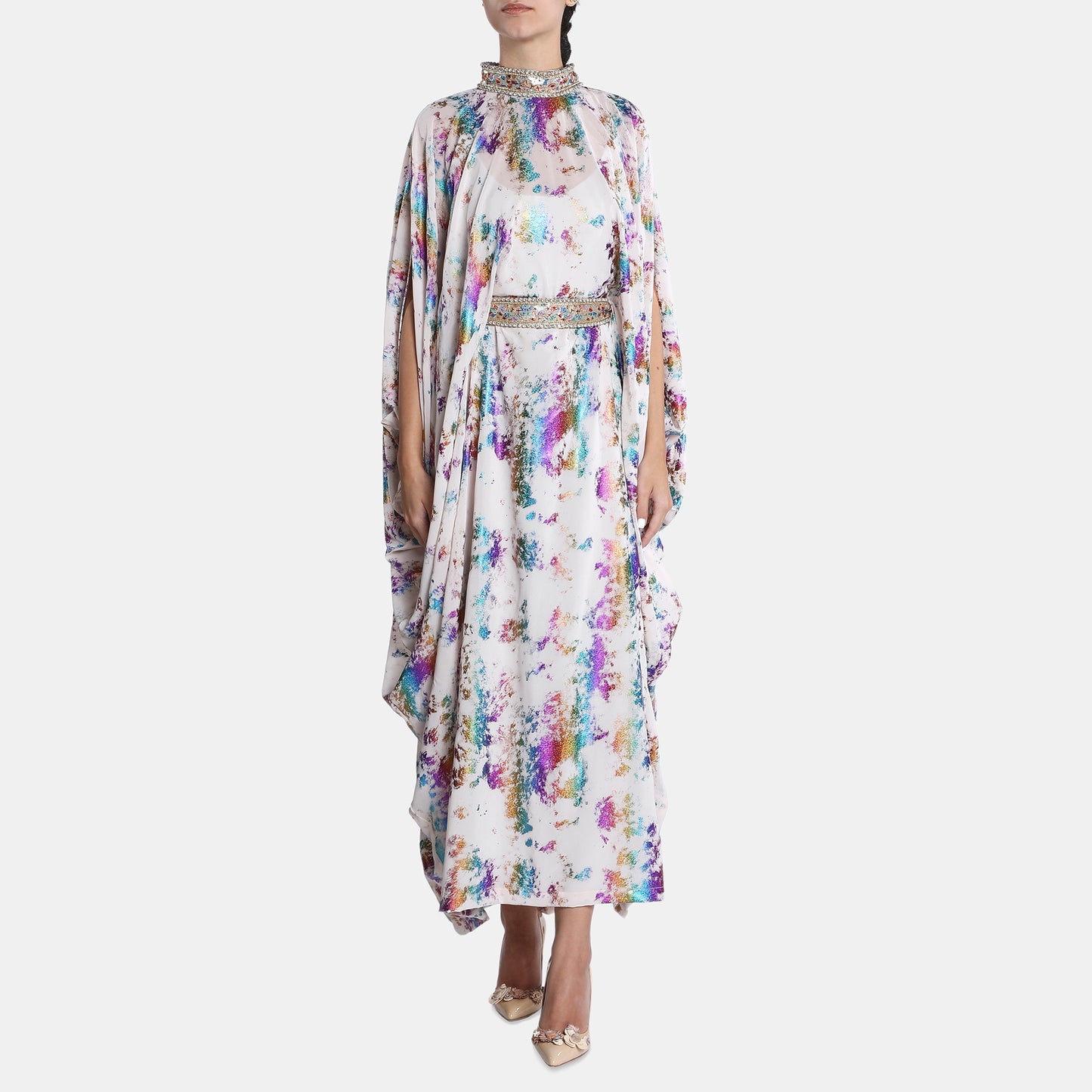 Colorful metalic kaftan with high neckline and belt