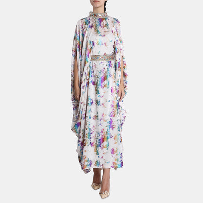 Colorful metalic kaftan with high neckline and belt