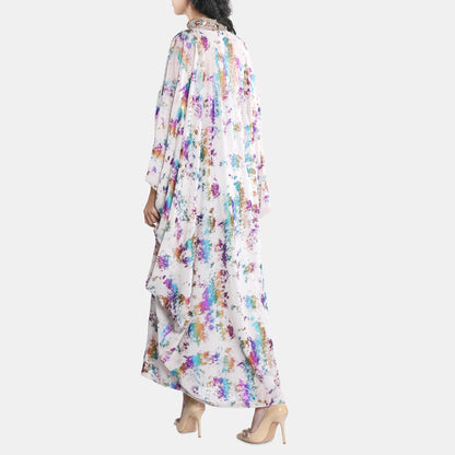 Colorful metalic kaftan with high neckline and belt