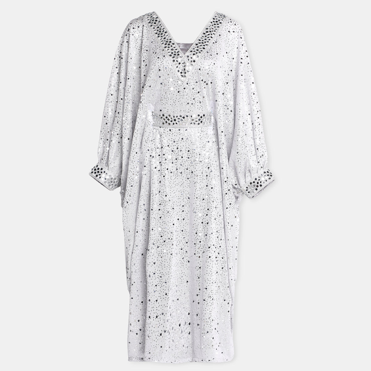 Silver Embellished Kaftan Dress With V Neckline And Billowy Sleeves