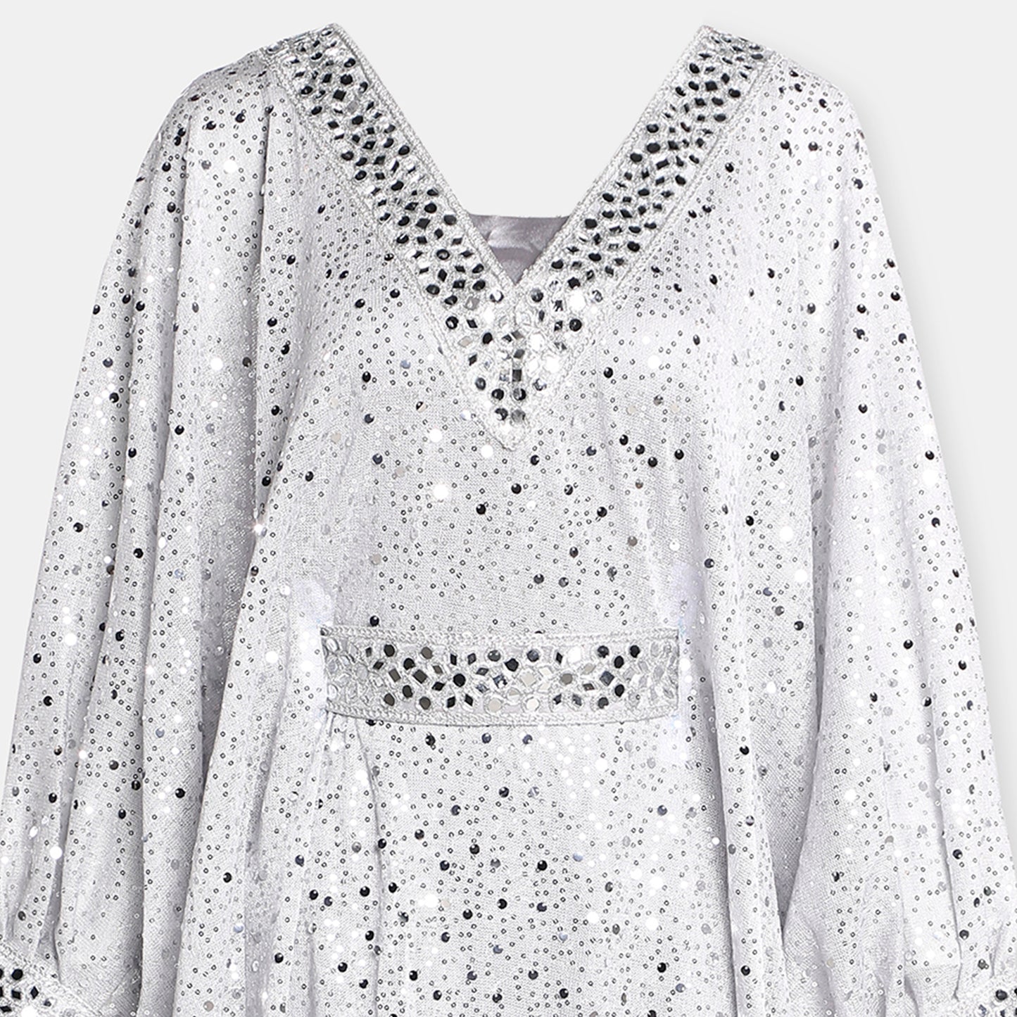 Silver embellished kaftan dress with v-neckline and billowy sleeves