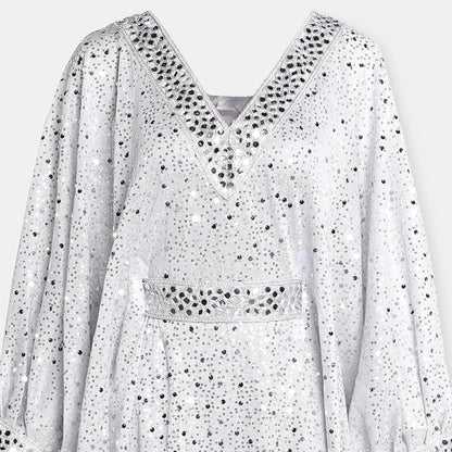 Silver embellished kaftan dress with v-neckline and billowy sleeves