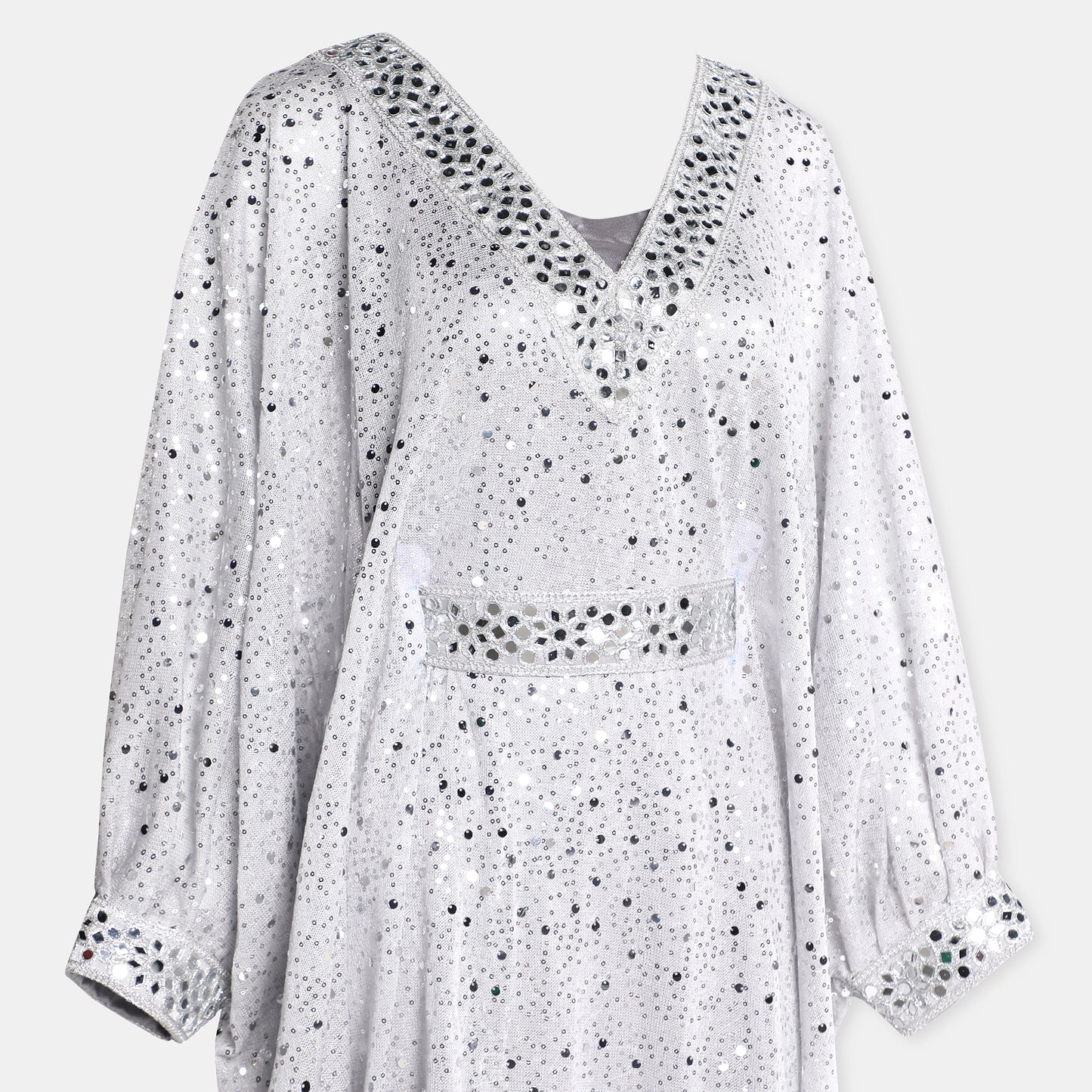 Silver embellished kaftan dress with v-neckline and billowy sleeves