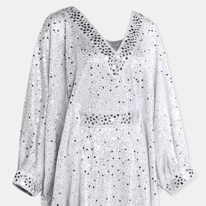Silver embellished kaftan dress with v-neckline and billowy sleeves