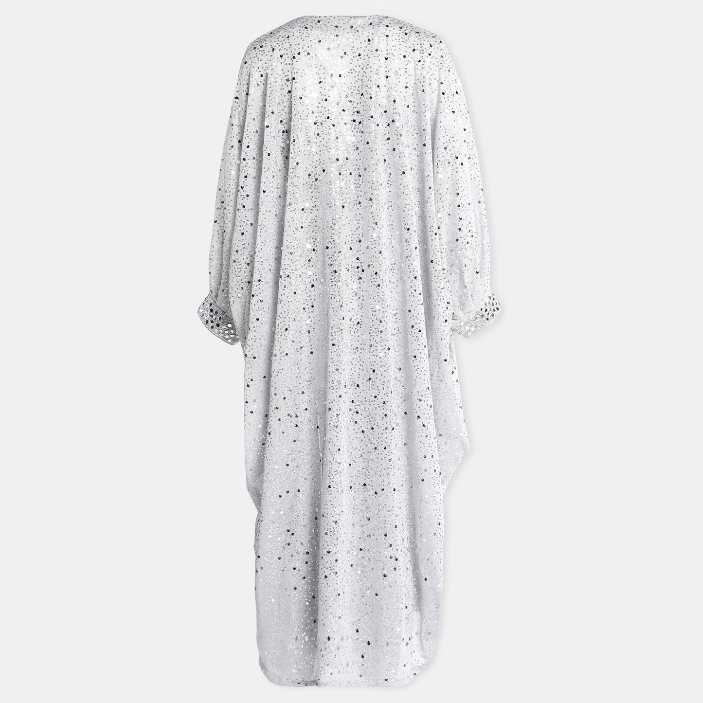 Silver embellished kaftan dress with v-neckline and billowy sleeves