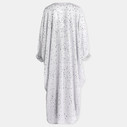 Silver embellished kaftan dress with v-neckline and billowy sleeves