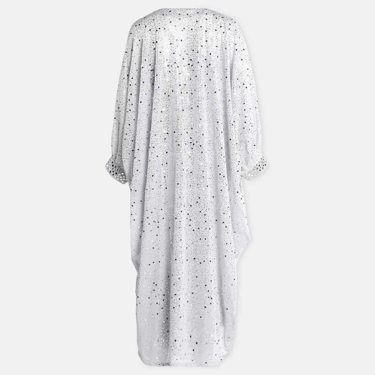 Silver Embellished Kaftan Dress With V Neckline And Billowy Sleeves