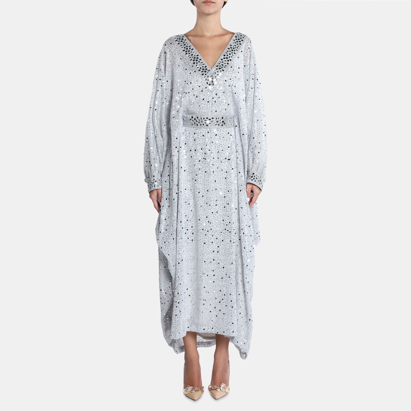 Silver embellished kaftan dress with v-neckline and billowy sleeves