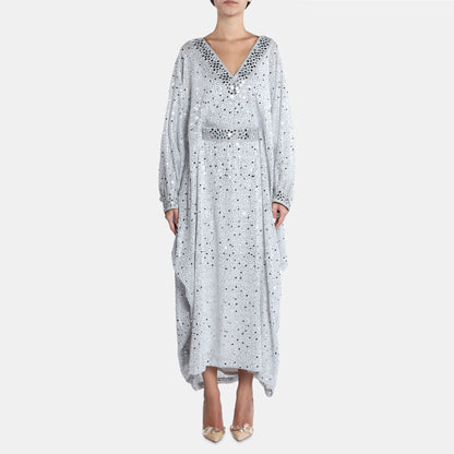 Silver embellished kaftan dress with v-neckline and billowy sleeves