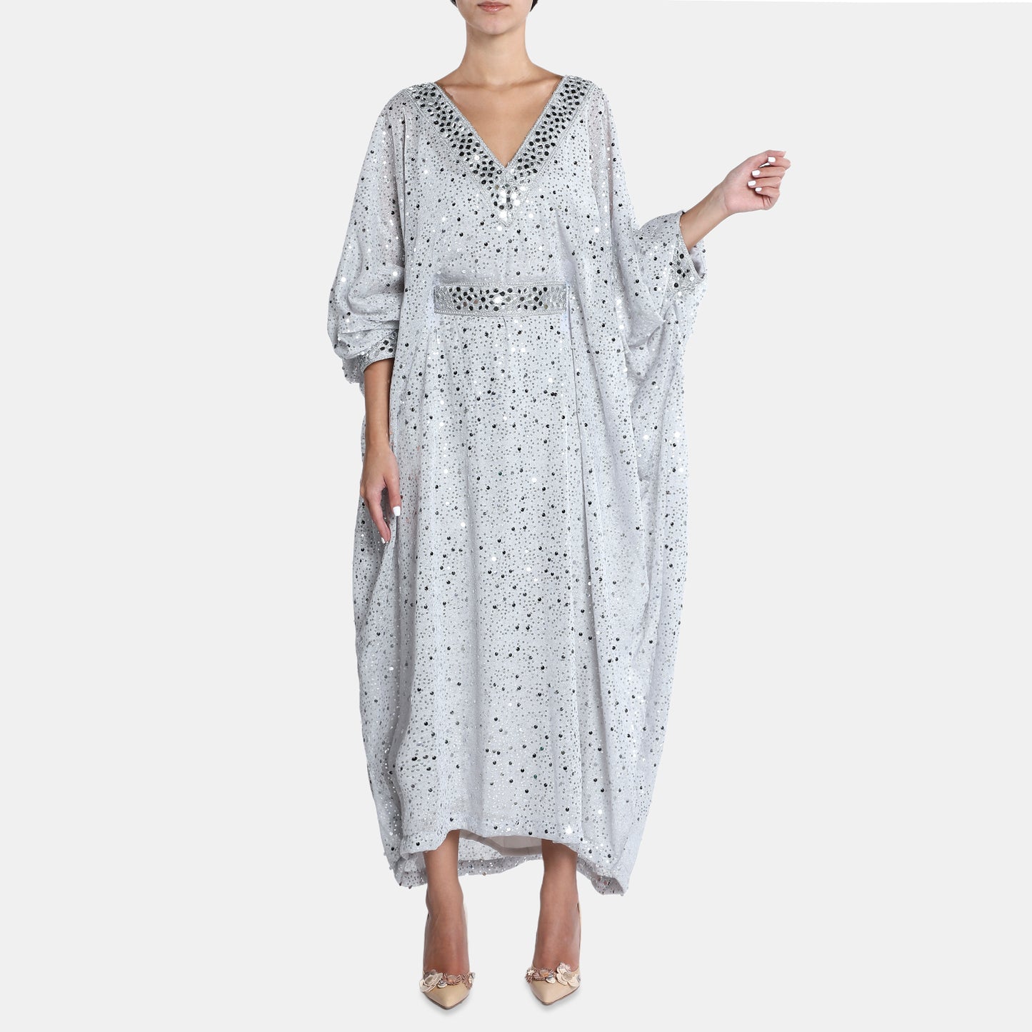 Silver embellished kaftan dress with v-neckline and billowy sleeves