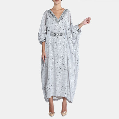 Silver embellished kaftan dress with v-neckline and billowy sleeves