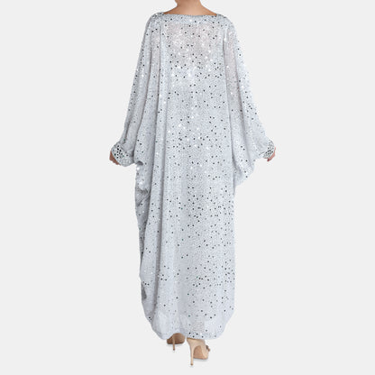 Silver embellished kaftan dress with v-neckline and billowy sleeves