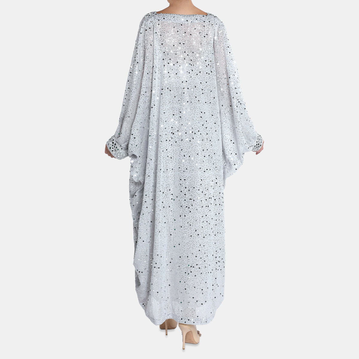 Silver Embellished Kaftan Dress With V Neckline And Billowy Sleeves