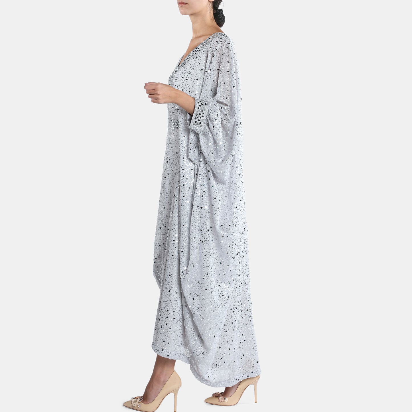 Silver embellished kaftan dress with v-neckline and billowy sleeves