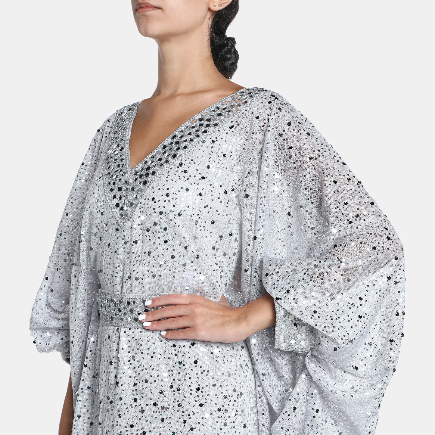 Silver embellished kaftan dress with v-neckline and billowy sleeves
