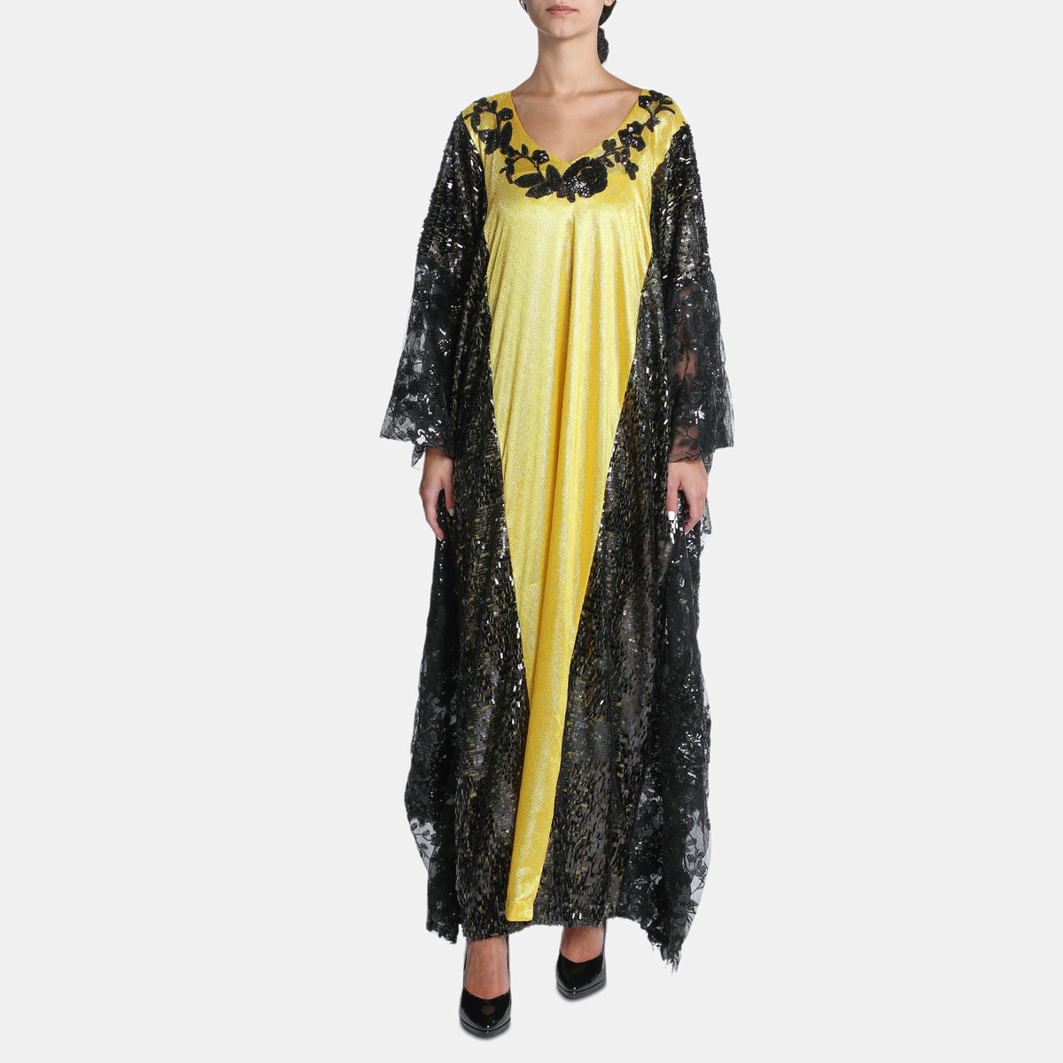 Black And Yellow Abaya With Sequince Trimmings