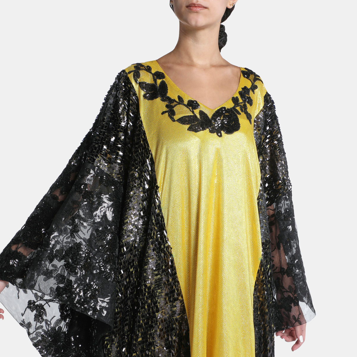 Black And Yellow Abaya With Sequince Trimmings