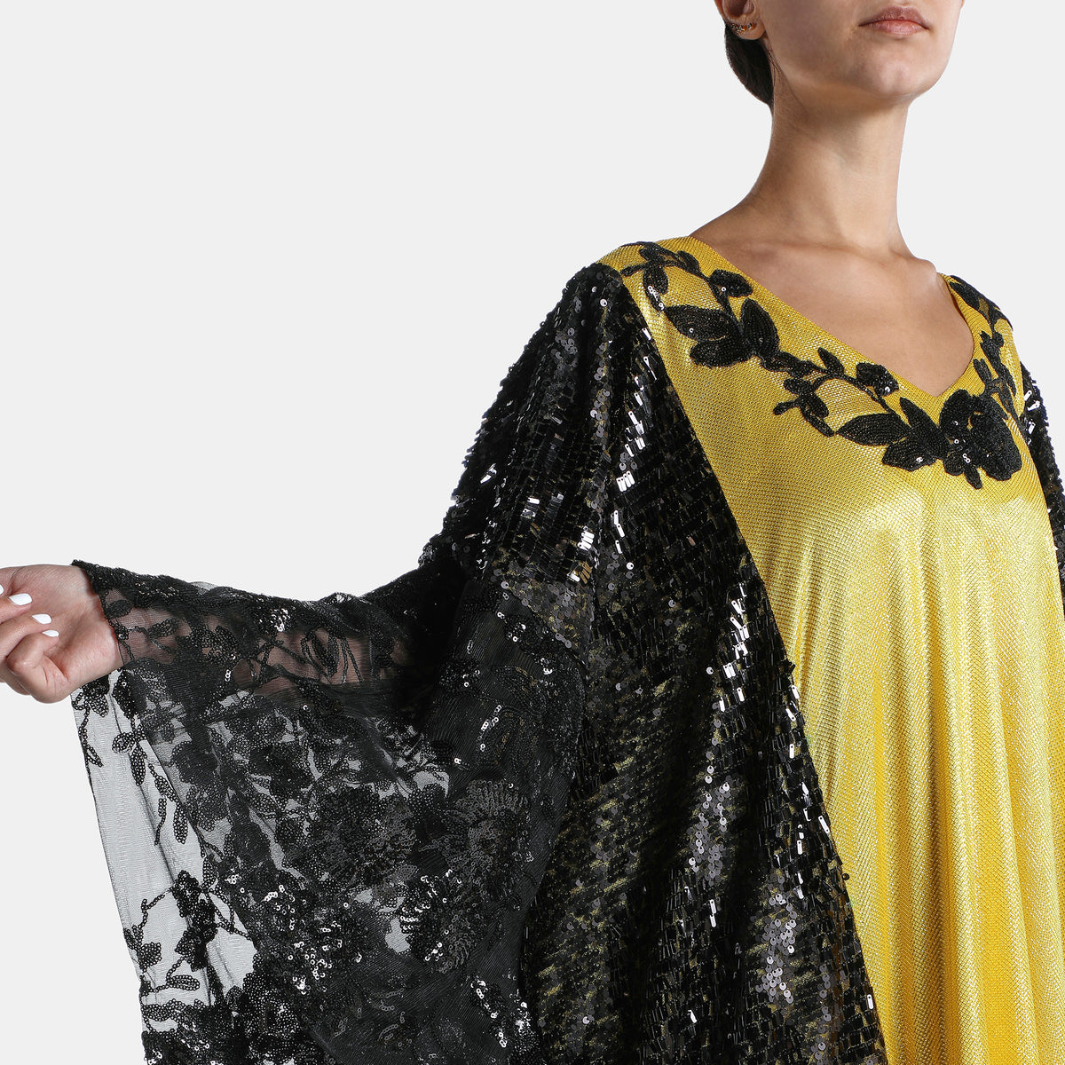 Black And Yellow Abaya With Sequince Trimmings