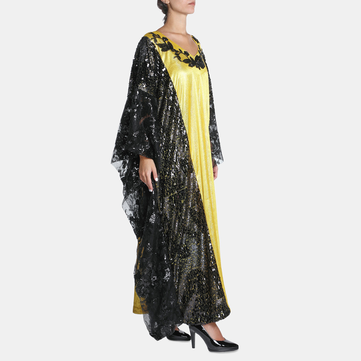 Black And Yellow Abaya With Sequince Trimmings