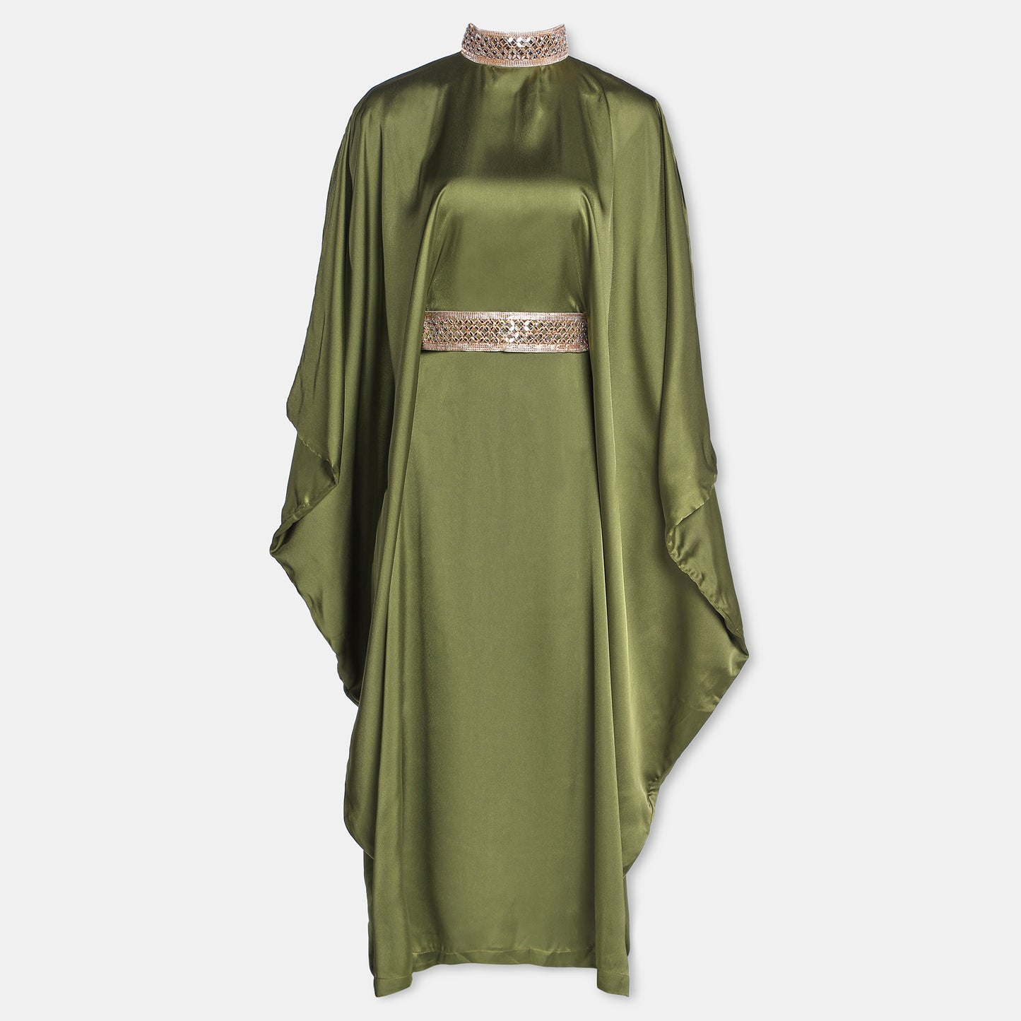 Green satin kaftan dress with high neckline and belt