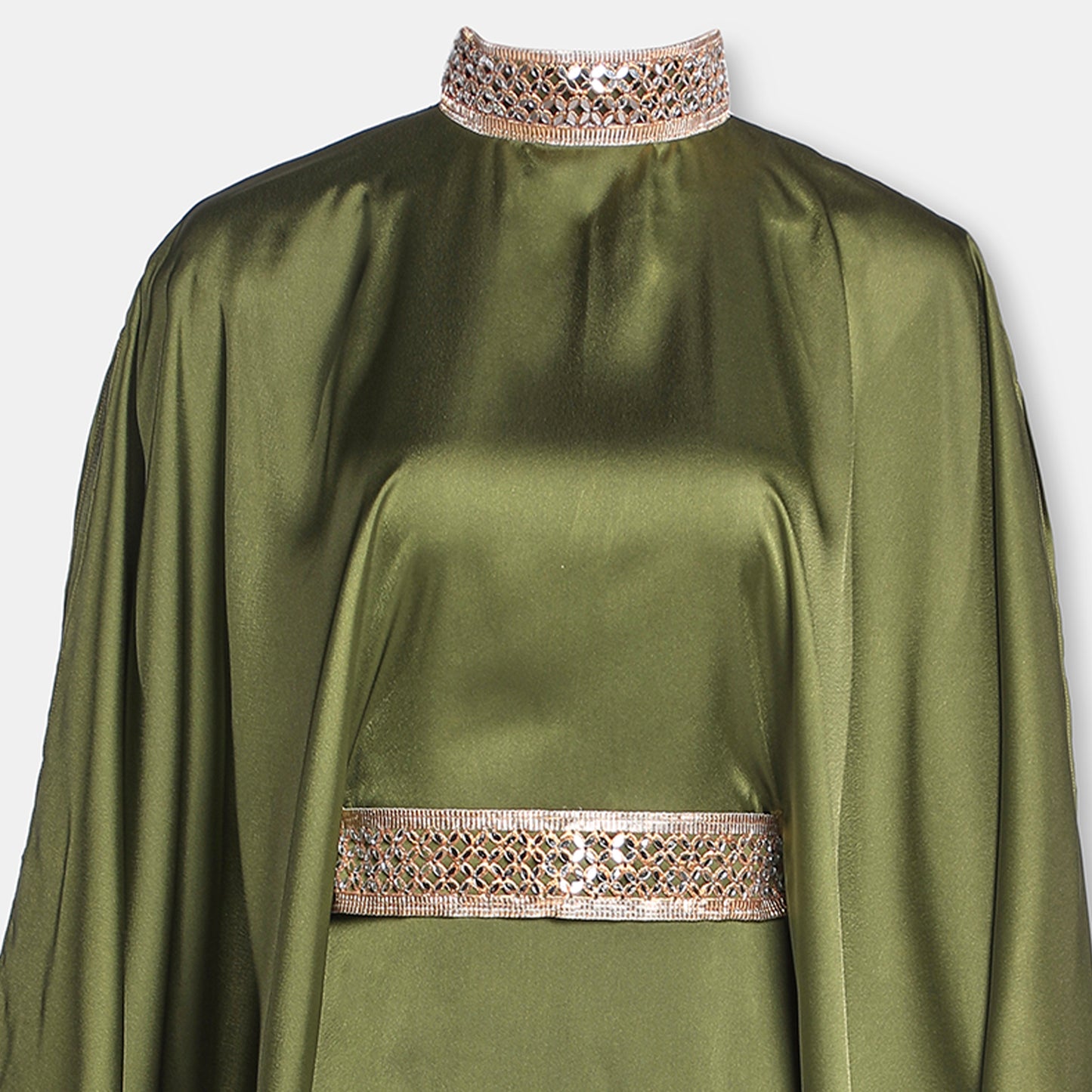 Green satin kaftan dress with high neckline and belt