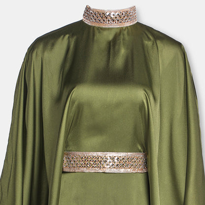 Green satin kaftan dress with high neckline and belt