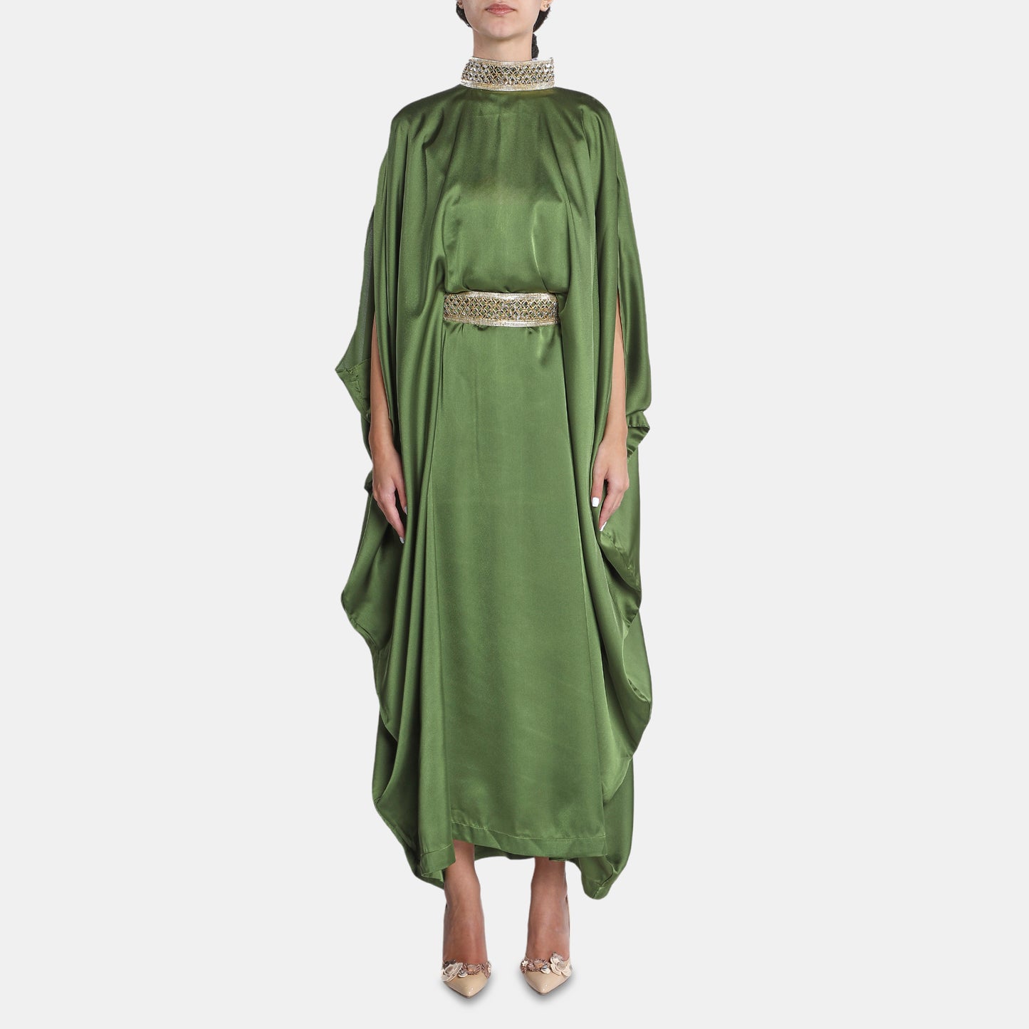 Green satin kaftan dress with high neckline and belt