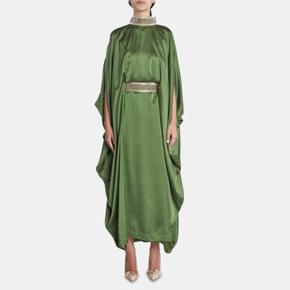 Green satin kaftan dress with high neckline and belt