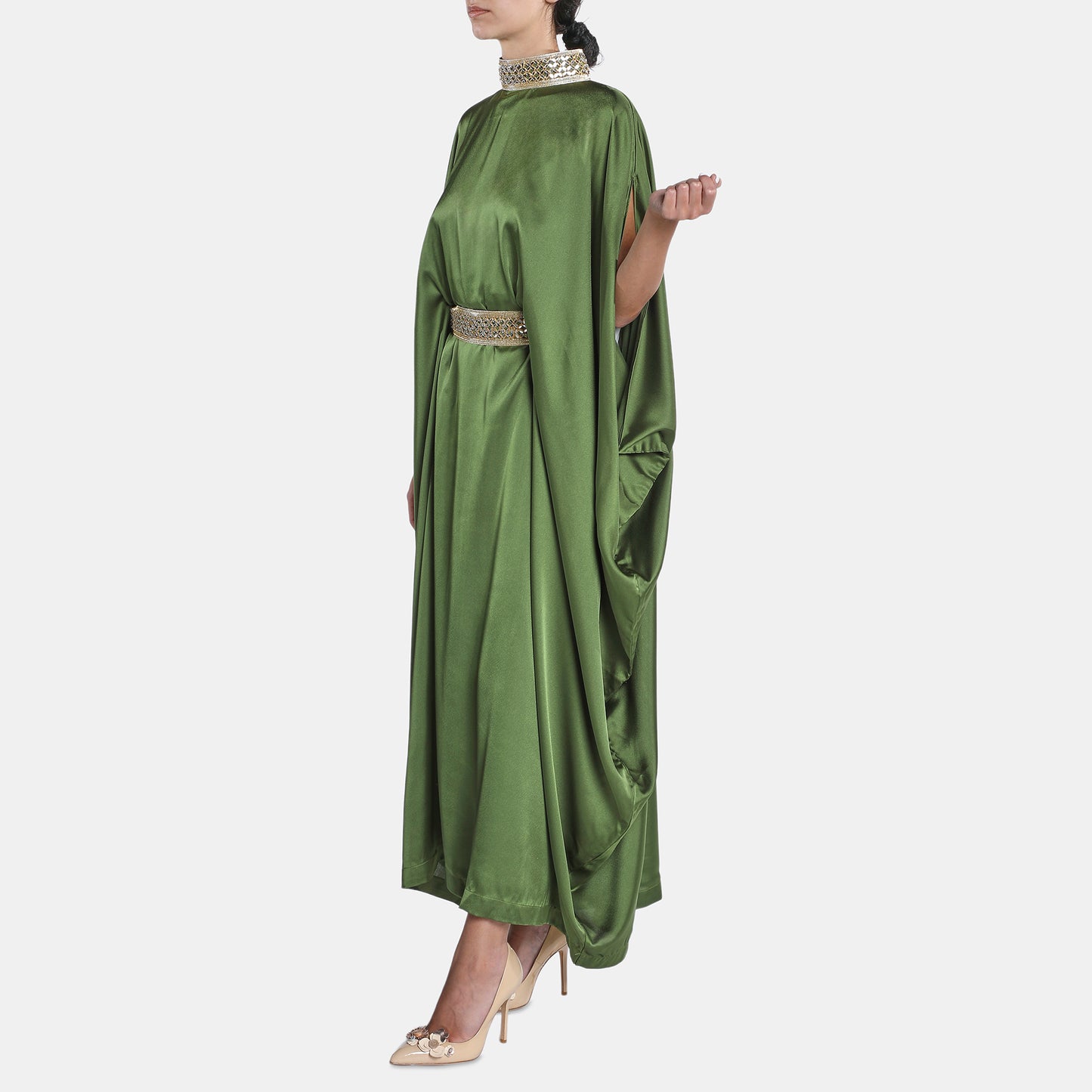 Green satin kaftan dress with high neckline and belt